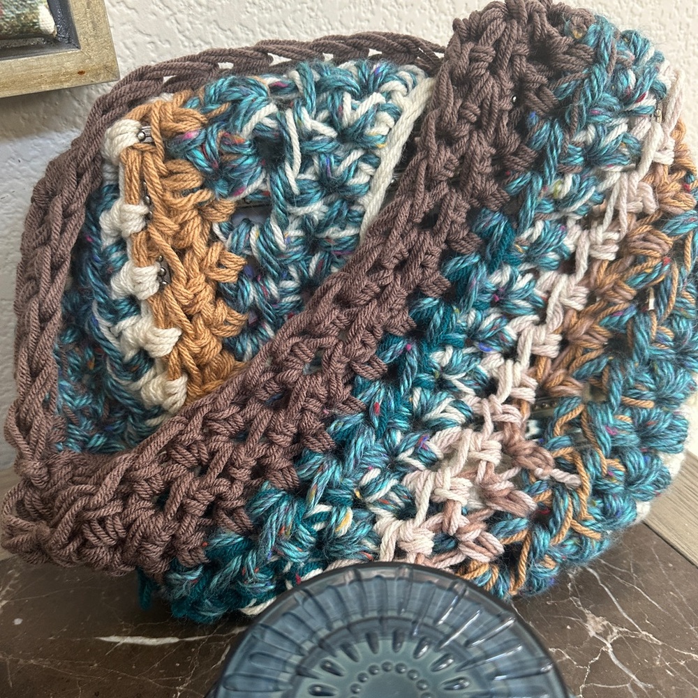 Coffee& Crochet! Shorter infinity scarf! Dimensional fall colors pop of teal!